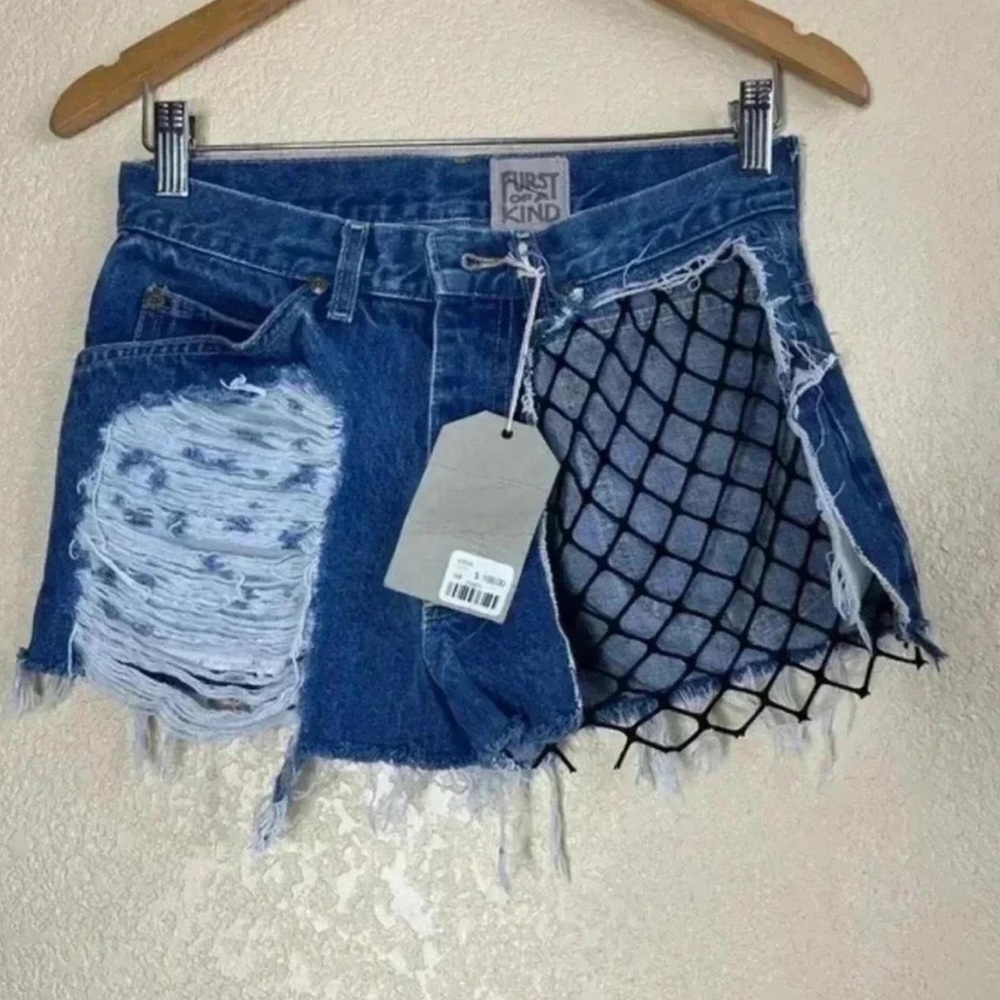 Furst of a Kind Upcycled Vintage denim shorts fishnet and distressed detailing